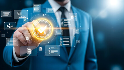 Businessman touching screen with business intelligence and data management system