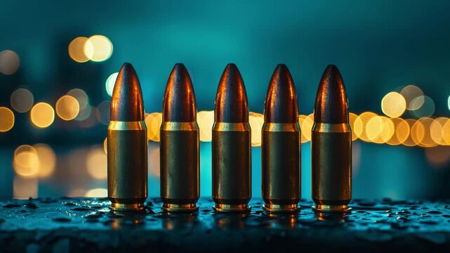 Five 9mm Bullets Standing in a Row on a Wet Surface with Bokeh Lights in the Background, Ammunition Concept, Close-up