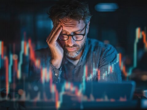 stressed office worker sitting at desk, digital stock market charts and candlestick graphs 