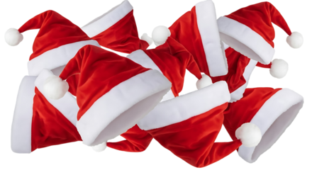 Pile of red santa hats with white trim