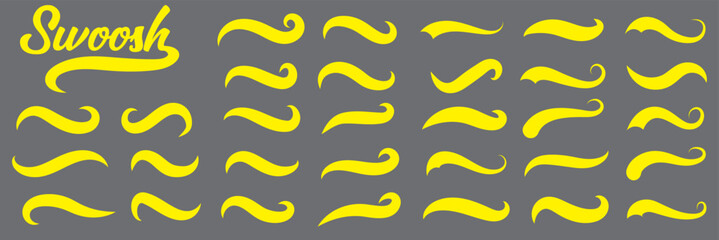 Swoosh and swash tails line collection. Swooshes text tail for baseball design. Typography tails shape for football or athletics sport team sign text. Blue and Yellow color swoosh.
