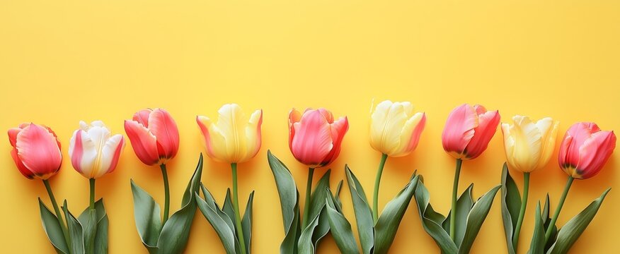 Bright Pink Tulips on a Polka Dot Fabric Against a Vibrant Yellow Background - Powered by Adobe