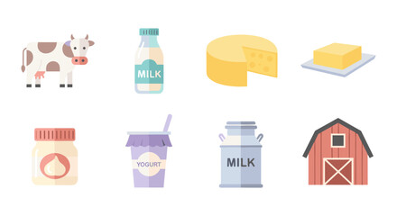 Charming flat icons of dairy products and farm elements