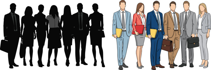 Business Team Silhouette vs Color Illustration, professionals group graphics, office workforce clipart set, men and women formal poses, 