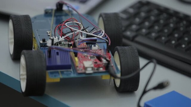 Students assemble DIY robot car and test LED circuits on breadboard. STEM education process showing electronics, wiring, programming, and engineering skills in a classroom setting.

