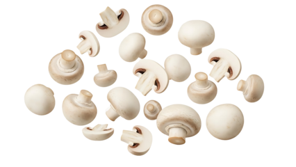 Fresh white button mushrooms scattered on black background