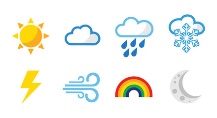 Obraz premium Weather icons: sun, cloud, rain, snowflake, lightning, wind, rainbow, moon