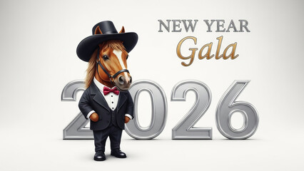 Horse in tuxedo and top hat for new year gala in year twenty twenty six