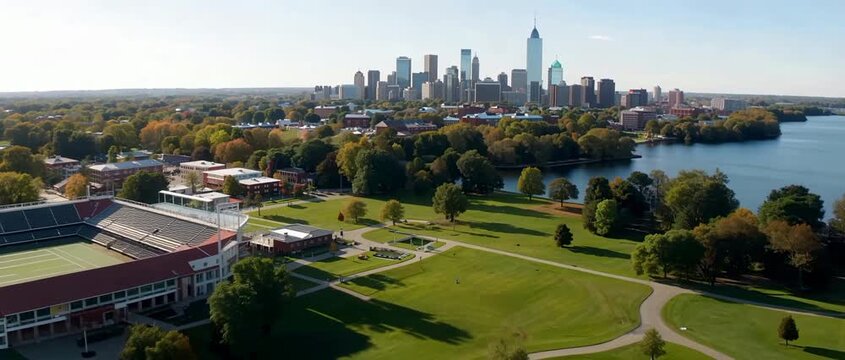Stunning Aerial View of Minneapolis Skyline Across a Serene Lakeside Park in Autumn.