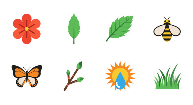 Nature elements collection: flowers, leaves, insects, and more in flat design