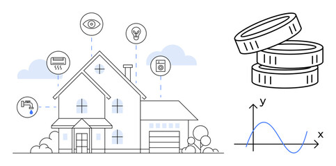 Residential house connected with smart home icons for security, lighting, appliances, water. Stacked coins and graph represent cost-saving, energy efficiency. Ideal for home automation, technology