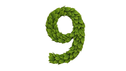 Green leaves formed number nine on black background