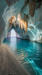 Illuminated sea cave with turquoise water and stalactites