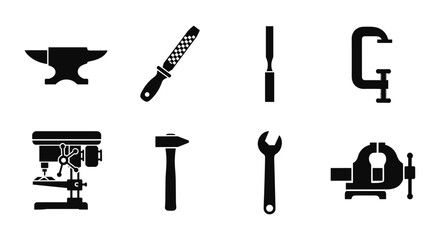 Industrial black silhouette icons of tools for metalwork and carpentry