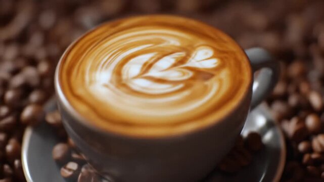 A latte cup with heart latte art on foamy surface, surrounded by roasted coffee beans on rustic table