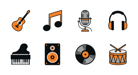 Music icon set: instruments, notes, and equipment in modern flat style
