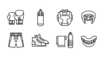 Fototapeta premium Essential boxing gear in linear style: gloves, shoes, and protective equipment icons