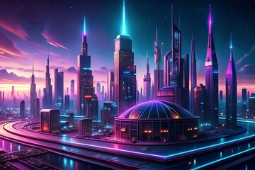 Vibrant futuristic cityscape illuminated by neon lights at dusk
