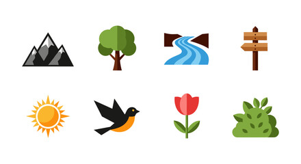Flat nature icons: mountains, trees, rivers, signs, sun, birds, flowers, bushes
