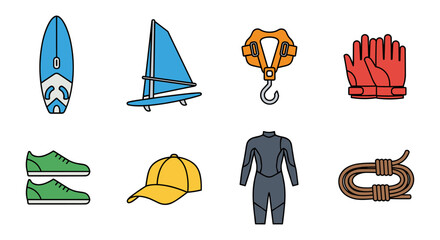 Colorful water sports equipment icons for adventure enthusiasts