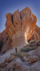 Solitary hiker stands before a massive sandstone rock formation at sunrise