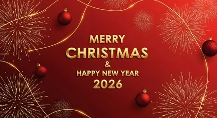 Festive merry christmas and happy new year 2026 on red with golden text