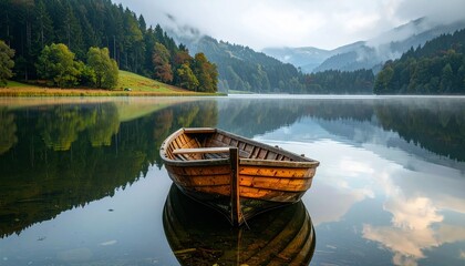 Weathered wooden rowboat on calm reflective water with misty hills and trees in background