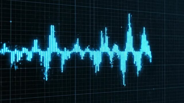 Smoothly oscillating blue sine wave frequencies moving across a dark digital screen symbolizing data transmission and sound energy oscillating, spectrum, blue