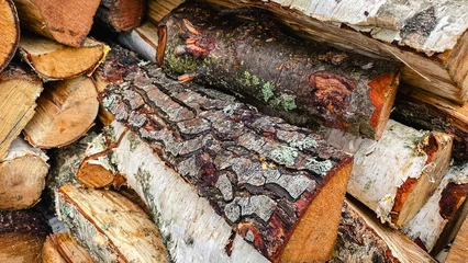 Fototapete Rund Brennholz Close-up of stacked firewood with textured bark, white birch logs, and rough wooden surfaces  © emerald17