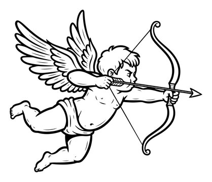 Sketch of flying Cupid with wings shooting a bow Vector hand drawn illustration of little angel or cherub aiming at heart isolated on white background