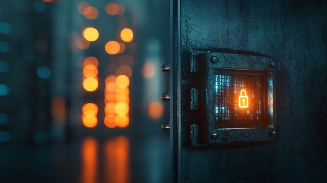 Open steel vault door digital lock glowing orange light secure bank interior modern security technology safe futuristic mysterious financial protection