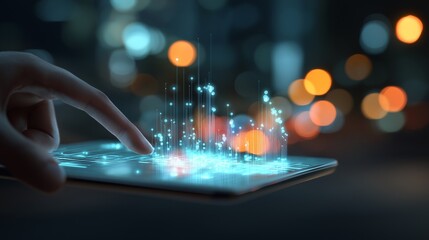 Futuristic hand touch digital tablet glowing hologram cityscape night technology innovation concept