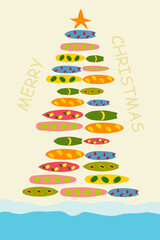 merry christmas and happy new year greeting card. christmas tree made of surfboards. design for season's card , postcard and poster.  tropical, beach, sea.