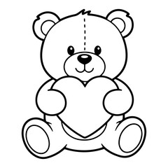 Cute teddy bear sitting and holding a large heart Vector line art illustration of romantic stuffed animal toy isolated on white background