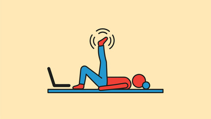 A minimalist flat line illustration of a person doing leg exercises on the floor while following an online fitness class on a laptop at home