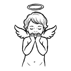 Cute little baby angel with wings and halo praying with closed eyes vector sketch illustration of cherub suitable for baptism or christmas
