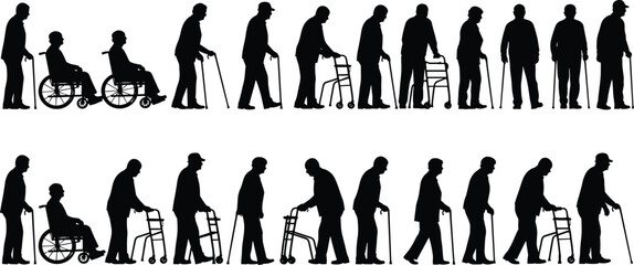 Disability support silhouettes, wheelchair users, seniors walking with canes, walkers, mobility aid lineup, caregivers assisting elderly, inclusive healthcare concept, black shadow vectors on white