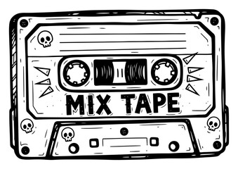 Vintage audio cassette tape with Mix Tape handwritten text and skull icons Vector sketch illustration of retro music media isolated on white background