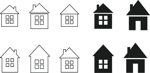 Collection of black and white simple house icons with windows and doors home symbol