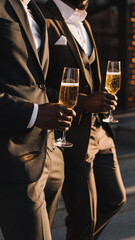young black man with suit holding a glass of champagne 