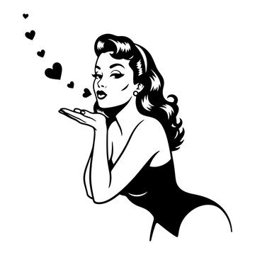 Sexy retro pin up woman blowing a kiss with flying hearts vintage vector illustration of beautiful girl silhouette for valentine design