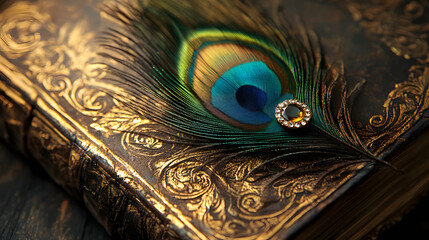 A Peacock Feather Laying on an Ancient Book with Gold Ornaments Close Up