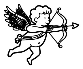 Fototapeta premium Cute cartoon cupid flying and aiming with bow and arrow Vector thick line art illustration of romantic baby angel isolated on white background