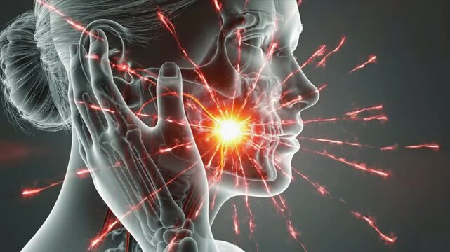 X ray image of a woman holding her face with a red glow around the teeth indicating pain area