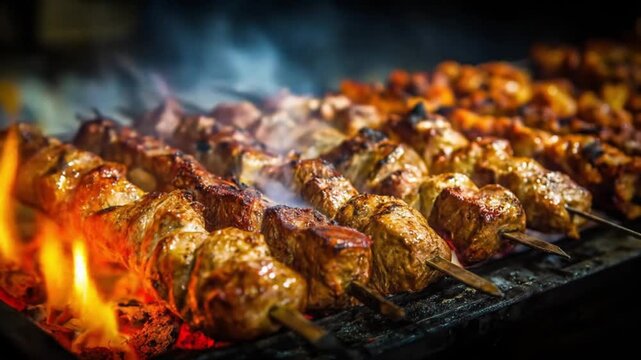 Row of grilled meat skewers over blazing coals, smoky glow, sizzling, caramelized, savory. and bold