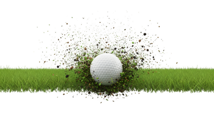 Golf ball exploding through grass turf with dirt and debris scattering isolated on transparent background
