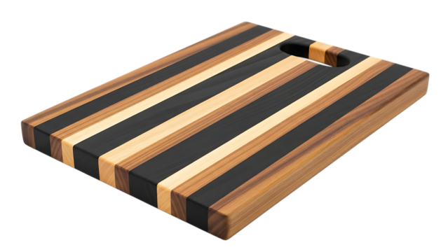 Stylish striped wooden cutting board with a recessed handle, perfect for food prep and presentation