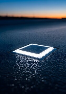 Solar-powered LED road stud glows on textured road surface during sunset, providing sustainable light and guidance.