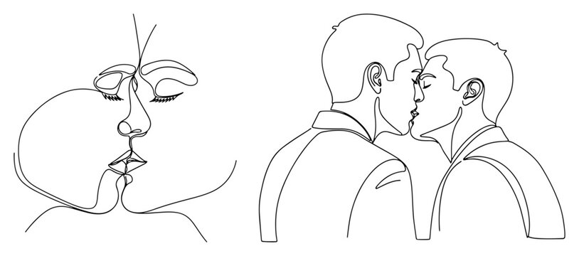 Continuous one line drawing of gay couple kissing vector illustration with minimalist abstract sketch showing two men in love for lgbt wedding or pride design