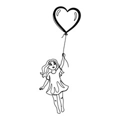 Happy little girl flying holding a big heart shaped balloon hand drawn vector illustration of a child floating in the air for romantic design